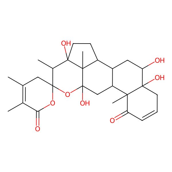 2D Structure of 4,5,13,17-tetrahydroxy-4',5',10,16,20-pentamethylspiro[14-oxapentacyclo[11.6.1.02,11.05,10.017,20]icos-7-ene-15,2'-3H-pyran]-6',9-dione
