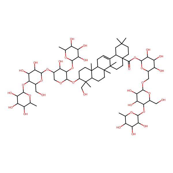 2D Structure of [(2S,3R,4S,5S,6R)-6-[[(2R,3R,4R,5S,6R)-3,4-dihydroxy-6-(hydroxymethyl)-5-[(2S,3R,4R,5R,6S)-3,4,5-trihydroxy-6-methyloxan-2-yl]oxyoxan-2-yl]oxymethyl]-3,4,5-trihydroxyoxan-2-yl] (4aS,6aR,6aS,6bR,8aR,9R,10S,12aR,14bS)-10-[(2S,3R,4S,5S)-5-[(2R,3R,4R,5S,6R)-3,4-dihydroxy-6-(hydroxymethyl)-5-[(2S,3R,4R,5R,6S)-3,4,5-trihydroxy-6-methyloxan-2-yl]oxyoxan-2-yl]oxy-4-hydroxy-3-[(2S,3R,4R,5R,6S)-3,4,5-trihydroxy-6-methyloxan-2-yl]oxyoxan-2-yl]oxy-9-(hydroxymethyl)-2,2,6a,6b,9,12a-hexamethyl-1,3,4,5,6,6a,7,8,8a,10,11,12,13,14b-tetradecahydropicene-4a-carboxylate