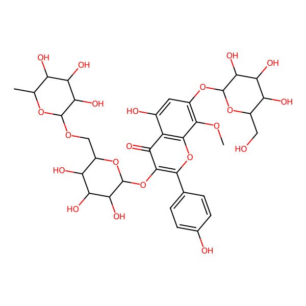 2D Structure of 5-hydroxy-2-(4-hydroxyphenyl)-8-methoxy-7-[(2S,3R,4S,5R,6R)-3,4,5-trihydroxy-6-(hydroxymethyl)oxan-2-yl]oxy-3-[(2S,3R,4S,5R,6R)-3,4,5-trihydroxy-6-[[(2R,3S,4S,5R,6S)-3,4,5-trihydroxy-6-methyloxan-2-yl]oxymethyl]oxan-2-yl]oxychromen-4-one