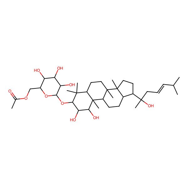 2D Structure of [(2R,3S,4S,5R,6R)-6-[[(1S,2R,3R,5S,8R,9S,10R,13R,14R,17S)-1,2-dihydroxy-17-[(E,2R)-2-hydroxy-6-methylhept-4-en-2-yl]-4,4,8,10,14-pentamethyl-2,3,5,6,7,9,11,12,13,15,16,17-dodecahydro-1H-cyclopenta[a]phenanthren-3-yl]oxy]-3,4,5-trihydroxyoxan-2-yl]methyl acetate