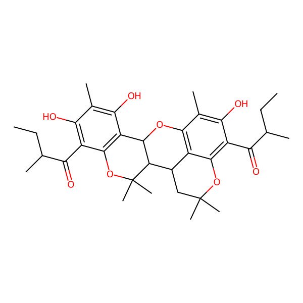 2D Structure of (2R)-2-methyl-1-[(1R,2R,11S)-7,9,15-trihydroxy-3,3,8,14,19,19-hexamethyl-16-[(2R)-2-methylbutanoyl]-4,12,18-trioxapentacyclo[11.7.1.02,11.05,10.017,21]henicosa-5(10),6,8,13(21),14,16-hexaen-6-yl]butan-1-one