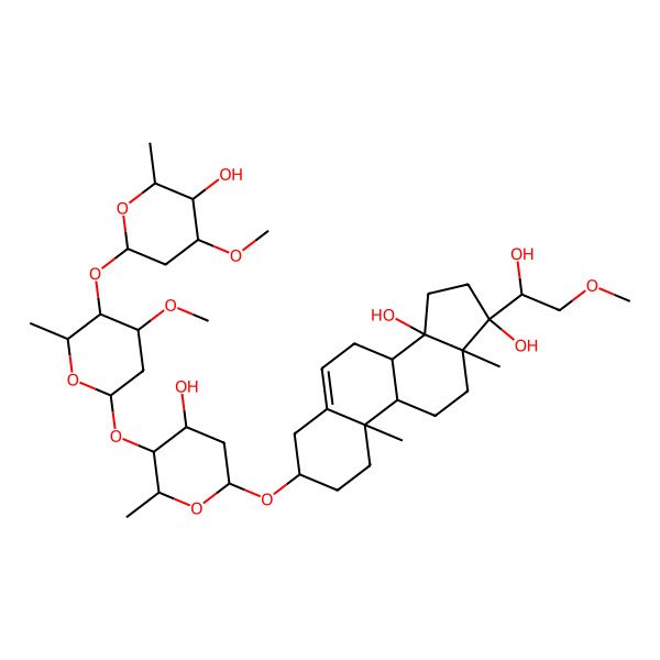 2D Structure of (3S,8R,9S,10R,13S,14S,17S)-3-[(2R,4S,5S,6R)-4-hydroxy-5-[(2S,4S,5R,6R)-5-[(2S,4R,5R,6R)-5-hydroxy-4-methoxy-6-methyloxan-2-yl]oxy-4-methoxy-6-methyloxan-2-yl]oxy-6-methyloxan-2-yl]oxy-17-[(1S)-1-hydroxy-2-methoxyethyl]-10,13-dimethyl-2,3,4,7,8,9,11,12,15,16-decahydro-1H-cyclopenta[a]phenanthrene-14,17-diol