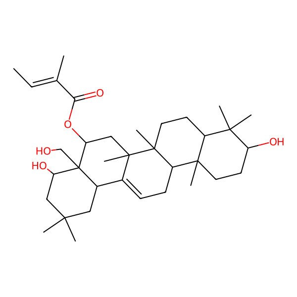 2D Structure of [4,10-Dihydroxy-4a-(hydroxymethyl)-2,2,6a,6b,9,9,12a-heptamethyl-1,3,4,5,6,6a,7,8,8a,10,11,12,13,14b-tetradecahydropicen-5-yl] 2-methylbut-2-enoate