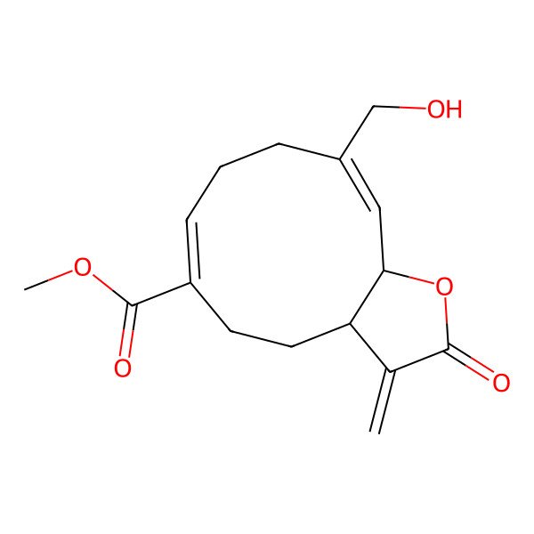 2D Structure of methyl (3aS,6E,10Z,11aR)-10-(hydroxymethyl)-3-methylidene-2-oxo-3a,4,5,8,9,11a-hexahydrocyclodeca[b]furan-6-carboxylate