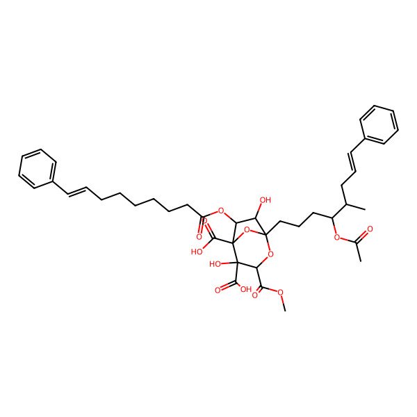 2D Structure of (1S,3R,4S,5R,6R,7S)-1-[(E,4S,5S)-4-acetyloxy-5-methyl-8-phenyloct-7-enyl]-4,7-dihydroxy-3-methoxycarbonyl-6-[(E)-9-phenylnon-8-enoyl]oxy-2,8-dioxabicyclo[3.2.1]octane-4,5-dicarboxylic acid