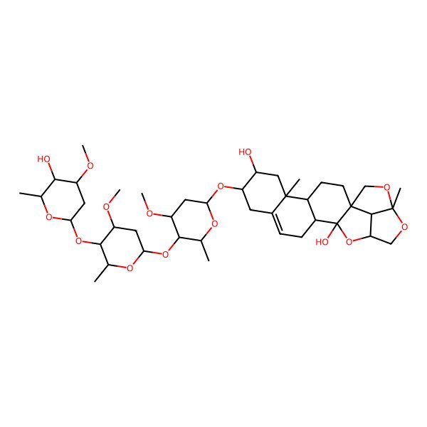 2D Structure of (1R,4S,5R,7R,8R,13R,14R,16S,19S,22R)-8-[(2S,4S,5R,6R)-5-[(2S,4R,5R,6S)-5-[(2S,4S,5R,6R)-5-hydroxy-4-methoxy-6-methyloxan-2-yl]oxy-4-methoxy-6-methyloxan-2-yl]oxy-4-methoxy-6-methyloxan-2-yl]oxy-5,19-dimethyl-15,18,20-trioxahexacyclo[14.5.1.01,14.04,13.05,10.019,22]docos-10-ene-7,14-diol