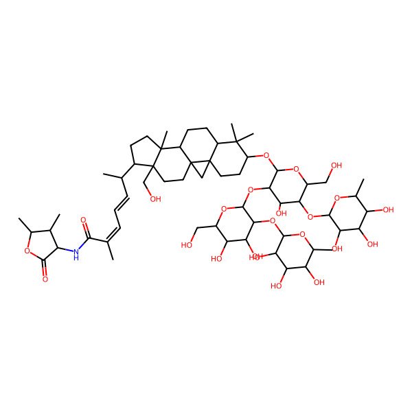 2D Structure of (2E,4E,6R)-6-[(1S,3R,6S,8R,11S,12S,15R,16S)-6-[(2R,3R,4S,5S,6R)-3-[(2S,3R,4S,5S,6R)-4,5-dihydroxy-6-(hydroxymethyl)-3-[(2S,3R,4R,5R,6S)-3,4,5-trihydroxy-6-methyloxan-2-yl]oxyoxan-2-yl]oxy-4-hydroxy-6-(hydroxymethyl)-5-[(2S,3R,4R,5R,6S)-3,4,5-trihydroxy-6-methyloxan-2-yl]oxyoxan-2-yl]oxy-16-(hydroxymethyl)-7,7,12-trimethyl-15-pentacyclo[9.7.0.01,3.03,8.012,16]octadecanyl]-N-(4,5-dimethyl-2-oxooxolan-3-yl)-2-methylhepta-2,4-dienamide