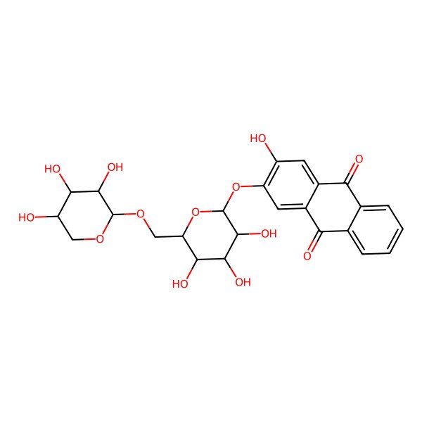 2D Structure of 2-hydroxy-3-[(2S,3R,4S,5S,6R)-3,4,5-trihydroxy-6-[[(2S,3R,4S,5R)-3,4,5-trihydroxyoxan-2-yl]oxymethyl]oxan-2-yl]oxyanthracene-9,10-dione