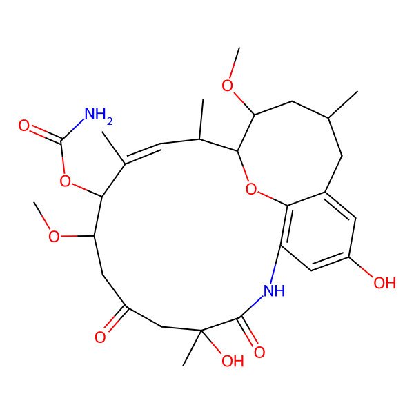 2D Structure of (10,15-Dihydroxy-6,21-dimethoxy-2,4,10,19-tetramethyl-8,11-dioxo-22-oxa-12-azatricyclo[11.8.2.017,23]tricosa-3,13,15,17(23)-tetraen-5-yl) carbamate