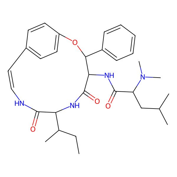 2D Structure of N-(7-butan-2-yl-5,8-dioxo-3-phenyl-2-oxa-6,9-diazabicyclo[10.2.2]hexadeca-1(14),10,12,15-tetraen-4-yl)-2-(dimethylamino)-4-methylpentanamide
