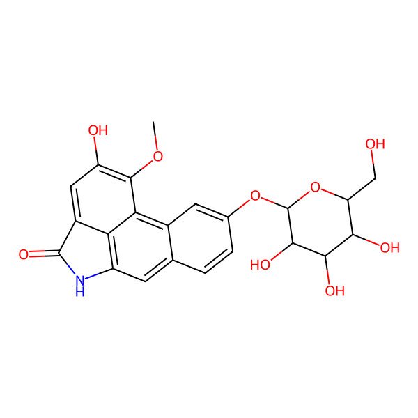 2D Structure of 14-Hydroxy-15-methoxy-4-[3,4,5-trihydroxy-6-(hydroxymethyl)oxan-2-yl]oxy-10-azatetracyclo[7.6.1.02,7.012,16]hexadeca-1,3,5,7,9(16),12,14-heptaen-11-one