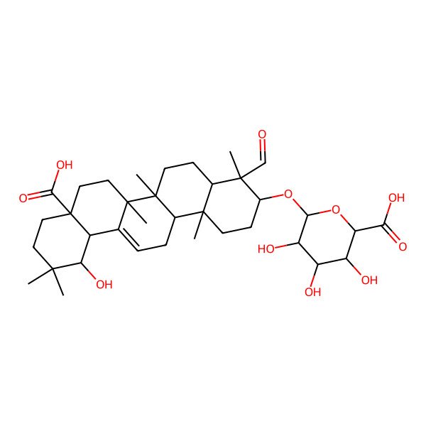 2D Structure of (2S,3S,4S,5R,6R)-6-[[(3S,4S,4aR,6aR,6bS,8aR,12S,12aS,14aR,14bR)-8a-carboxy-4-formyl-12-hydroxy-4,6a,6b,11,11,14b-hexamethyl-1,2,3,4a,5,6,7,8,9,10,12,12a,14,14a-tetradecahydropicen-3-yl]oxy]-3,4,5-trihydroxyoxane-2-carboxylic acid