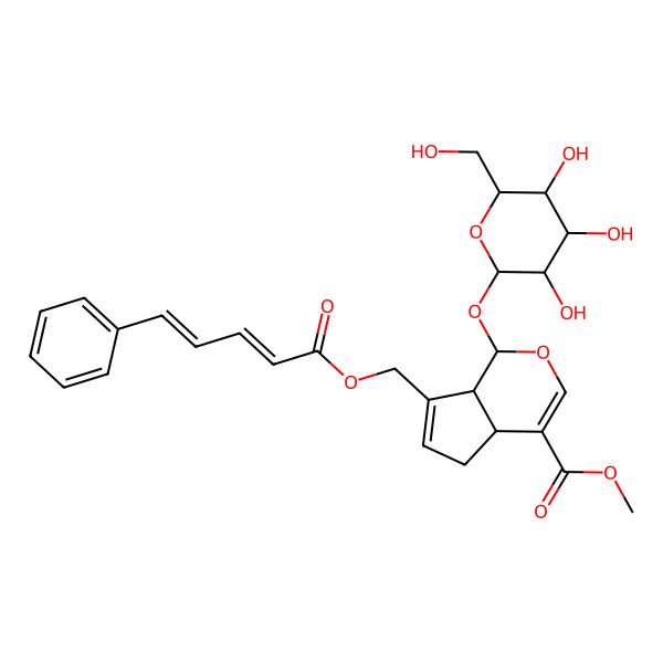 2D Structure of methyl (1S,4aS,7aS)-7-[[(2E,4E)-5-phenylpenta-2,4-dienoyl]oxymethyl]-1-[(2S,3R,4S,5S,6R)-3,4,5-trihydroxy-6-(hydroxymethyl)oxan-2-yl]oxy-1,4a,5,7a-tetrahydrocyclopenta[c]pyran-4-carboxylate