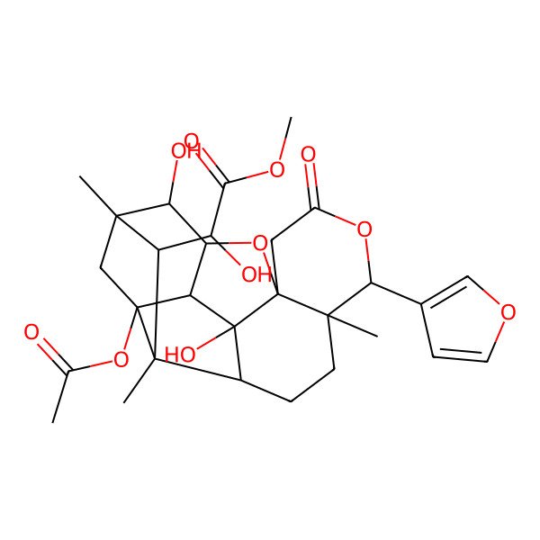 2D Structure of methyl (2S)-2-[(1S,2R,3S,7S,8S,12R,14R,15S,16R,17S,18S)-1-acetyloxy-8-(furan-3-yl)-3,15-dihydroxy-7,16,18-trimethyl-10-oxo-9,13-dioxahexacyclo[14.2.1.02,14.03,12.04,18.07,12]nonadecan-17-yl]-2-hydroxyacetate