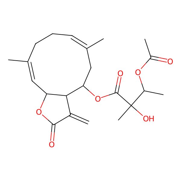 2D Structure of [(3aR,4S,6Z,10E,11aS)-6,10-dimethyl-3-methylidene-2-oxo-3a,4,5,8,9,11a-hexahydrocyclodeca[b]furan-4-yl] (2S,3R)-3-acetyloxy-2-hydroxy-2-methylbutanoate