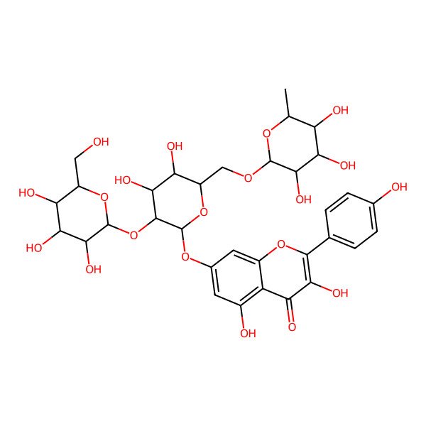 2D Structure of 7-[(2S,3R,4S,5S,6R)-4,5-dihydroxy-3-[(2S,3R,4S,5S,6R)-3,4,5-trihydroxy-6-(hydroxymethyl)oxan-2-yl]oxy-6-[[(2R,3R,4R,5R,6S)-3,4,5-trihydroxy-6-methyloxan-2-yl]oxymethyl]oxan-2-yl]oxy-3,5-dihydroxy-2-(4-hydroxyphenyl)chromen-4-one