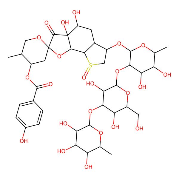 2D Structure of [6-[3-[3,5-dihydroxy-6-(hydroxymethyl)-4-(3,4,5-trihydroxy-6-methyloxan-2-yl)oxyoxan-2-yl]oxy-4,5-dihydroxy-6-methyloxan-2-yl]oxy-3a,4-dihydroxy-5'-methyl-3,8-dioxospiro[5,5a,6,7,8a,8b-hexahydro-4H-thieno[3,2-g][1]benzofuran-2,2'-oxane]-4'-yl] 4-hydroxybenzoate