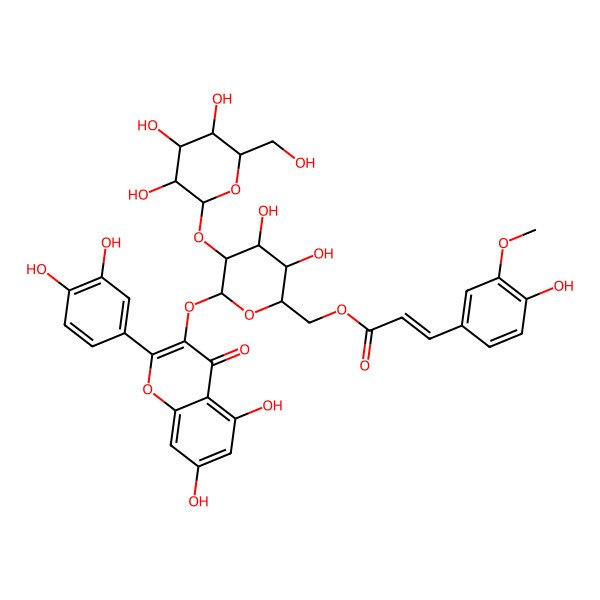 2D Structure of [(2R,3S,4S,5R,6S)-6-[2-(3,4-dihydroxyphenyl)-5,7-dihydroxy-4-oxochromen-3-yl]oxy-3,4-dihydroxy-5-[(2S,3R,4S,5S,6R)-3,4,5-trihydroxy-6-(hydroxymethyl)oxan-2-yl]oxyoxan-2-yl]methyl (E)-3-(4-hydroxy-3-methoxyphenyl)prop-2-enoate