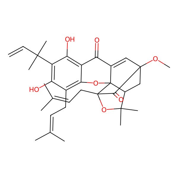 2D Structure of (1S,2S,13R,15R)-6,8-dihydroxy-13-methoxy-17,17-dimethyl-7-(2-methylbut-3-en-2-yl)-5,15-bis(3-methylbut-2-enyl)-3,16-dioxapentacyclo[11.4.1.02,11.02,15.04,9]octadeca-4(9),5,7,11-tetraene-10,14-dione