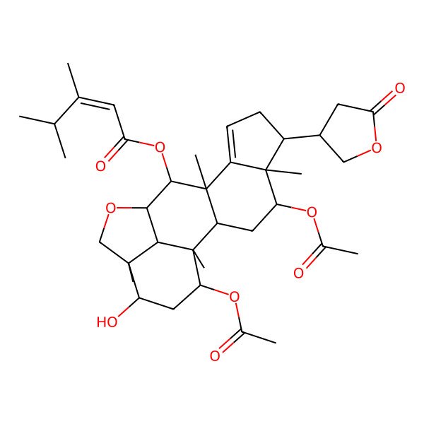 2D Structure of [(1R,2R,4S,5S,6S,10R,11S,12R,15R,16R,18S,19R)-4,18-diacetyloxy-16-hydroxy-1,5,10,15-tetramethyl-6-[(3S)-5-oxooxolan-3-yl]-13-oxapentacyclo[10.6.1.02,10.05,9.015,19]nonadec-8-en-11-yl] (E)-3,4-dimethylpent-2-enoate