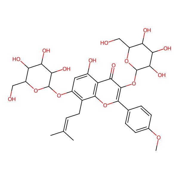 2D Structure of 5-hydroxy-2-(4-methoxyphenyl)-8-(3-methylbut-2-enyl)-3,7-bis[[(2R,3R,4S,5S,6R)-3,4,5-trihydroxy-6-(hydroxymethyl)oxan-2-yl]oxy]chromen-4-one