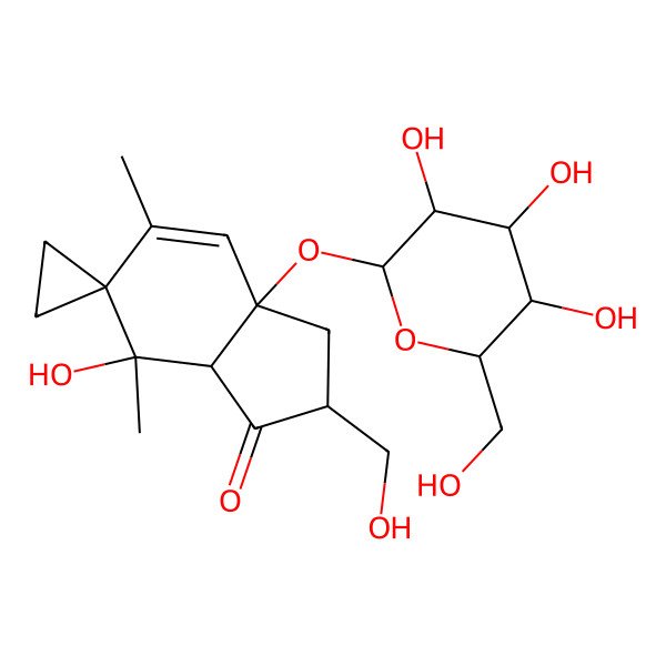 2D Structure of 7-hydroxy-2-(hydroxymethyl)-5,7-dimethyl-3a-[3,4,5-trihydroxy-6-(hydroxymethyl)oxan-2-yl]oxyspiro[3,7a-dihydro-2H-indene-6,1'-cyclopropane]-1-one