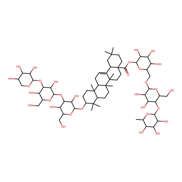 2D Structure of [(2S,3S,5S)-6-[[(2R,3S,5S)-3,4-dihydroxy-6-(hydroxymethyl)-5-[(2S,3S,5R)-3,4,5-trihydroxy-6-methyloxan-2-yl]oxyoxan-2-yl]oxymethyl]-3,4,5-trihydroxyoxan-2-yl] (4aS,6aS,6bR,10S,12aR)-10-[(2R,3S,5R)-4-[(2S,3S,5R)-3,5-dihydroxy-6-(hydroxymethyl)-4-[(3S,4R,5R)-3,4,5-trihydroxyoxan-2-yl]oxyoxan-2-yl]oxy-3,5-dihydroxy-6-(hydroxymethyl)oxan-2-yl]oxy-2,2,6a,6b,9,9,12a-heptamethyl-1,3,4,5,6,6a,7,8,8a,10,11,12,13,14b-tetradecahydropicene-4a-carboxylate