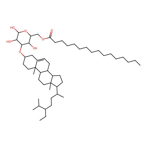 2D Structure of [(2R,3R,4S,5R,6R)-4-[[(3S,8S,9S,10R,13R,14S,17R)-17-[(2R,5R)-5-ethyl-6-methylheptan-2-yl]-10,13-dimethyl-2,3,4,7,8,9,11,12,14,15,16,17-dodecahydro-1H-cyclopenta[a]phenanthren-3-yl]oxy]-3,5,6-trihydroxyoxan-2-yl]methyl hexadecanoate