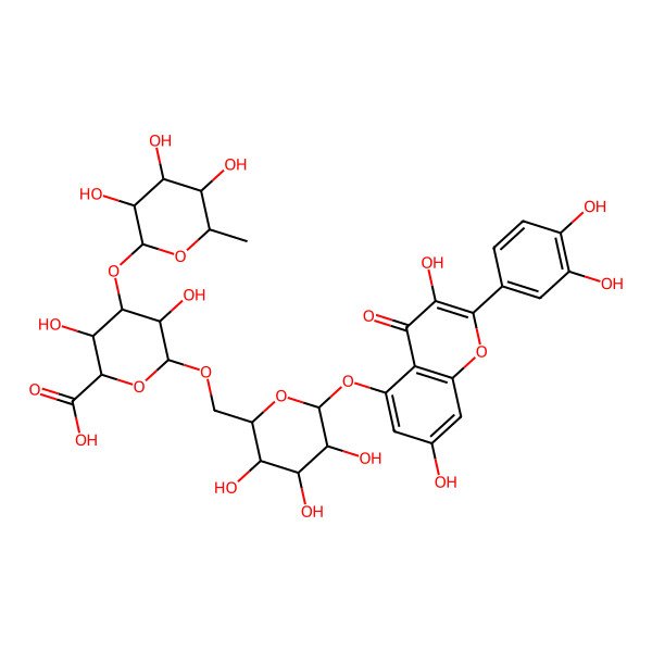2D Structure of 6-[[6-[2-(3,4-Dihydroxyphenyl)-3,7-dihydroxy-4-oxochromen-5-yl]oxy-3,4,5-trihydroxyoxan-2-yl]methoxy]-3,5-dihydroxy-4-(3,4,5-trihydroxy-6-methyloxan-2-yl)oxyoxane-2-carboxylic acid