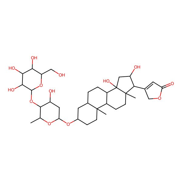 2D Structure of (3beta,5beta,16beta)-3-[(2,6-Dideoxy-4-O-beta-D-glucopyranosyl-beta-D-ribo-hexopyranosyl)oxy]-14,16-dihydroxycard-20(22)-enolide