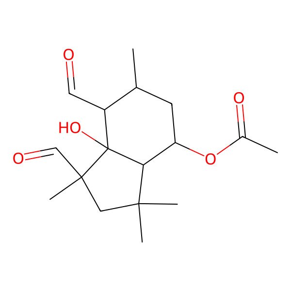 2D Structure of [(1S,3aR,4R,6S,7S,7aS)-1,7-diformyl-7a-hydroxy-1,3,3,6-tetramethyl-2,3a,4,5,6,7-hexahydroinden-4-yl] acetate