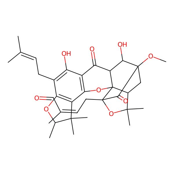 2D Structure of 4-[11,15-Dihydroxy-16-methoxy-6,6,7,20,20-pentamethyl-10-(3-methylbut-2-enyl)-13,17-dioxo-3,8,19-trioxahexacyclo[14.4.1.02,14.02,18.04,12.05,9]henicosa-4(12),5(9),10-trien-18-yl]-2-methylbut-2-enal