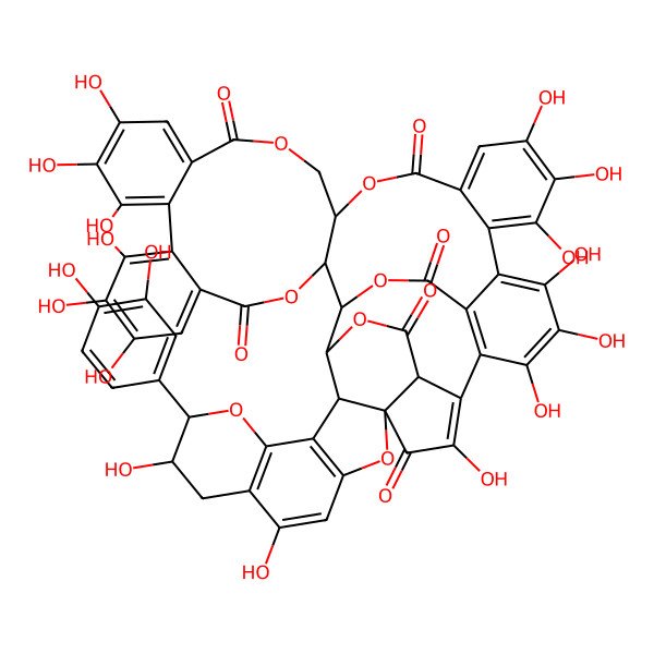 2D Structure of (1S,2R,20R,37S,44S,45R,49R,50R,56R)-45-(3,4-dihydroxyphenyl)-7,8,9,12,13,14,25,26,27,30,31,32,35,41,44-pentadecahydroxy-3,18,21,38,46,51,54-heptaoxadodecacyclo[27.21.3.334,50.02,20.05,10.011,16.023,28.033,53.037,49.039,48.042,47.037,56]hexapentaconta-5,7,9,11,13,15,23,25,27,29(53),30,32,34,39(48),40,42(47)-hexadecaene-4,17,22,36,52,55-hexone