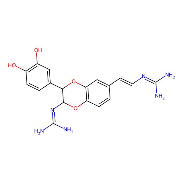 2D Structure of 2-[(E)-2-[(2R)-2-(diaminomethylideneamino)-3-(3,4-dihydroxyphenyl)-2,3-dihydro-1,4-benzodioxin-6-yl]ethenyl]guanidine