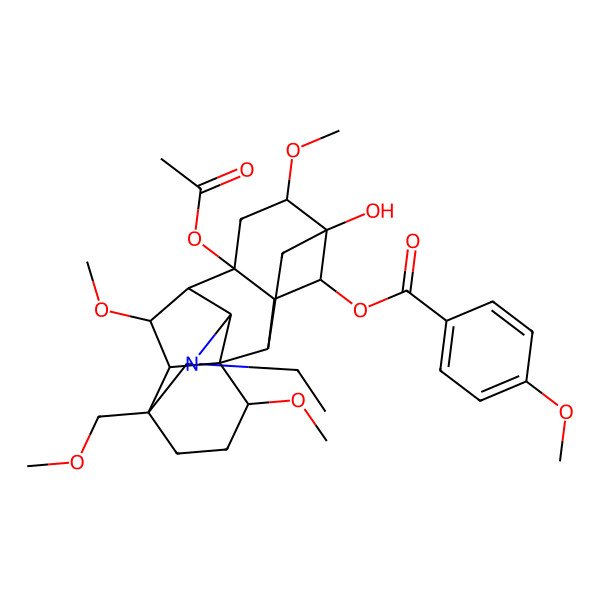 2D Structure of [(2R,3R,5S,6S,8R,13S,17R)-8-acetyloxy-11-ethyl-5-hydroxy-6,16,18-trimethoxy-13-(methoxymethyl)-11-azahexacyclo[7.7.2.12,5.01,10.03,8.013,17]nonadecan-4-yl] 4-methoxybenzoate