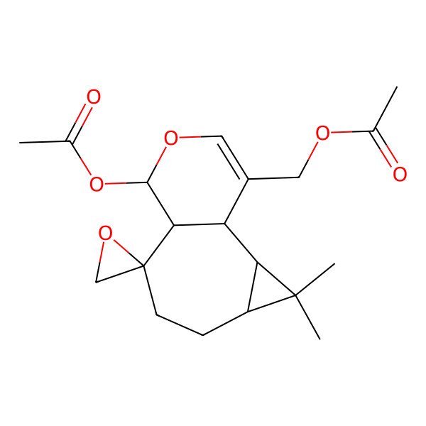 2D Structure of (9-Acetyloxy-3,3-dimethylspiro[10-oxatricyclo[6.4.0.02,4]dodec-11-ene-7,2'-oxirane]-12-yl)methyl acetate