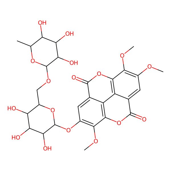 2D Structure of 6,7,14-Trimethoxy-13-[3,4,5-trihydroxy-6-[(3,4,5-trihydroxy-6-methyloxan-2-yl)oxymethyl]oxan-2-yl]oxy-2,9-dioxatetracyclo[6.6.2.04,16.011,15]hexadeca-1(15),4,6,8(16),11,13-hexaene-3,10-dione