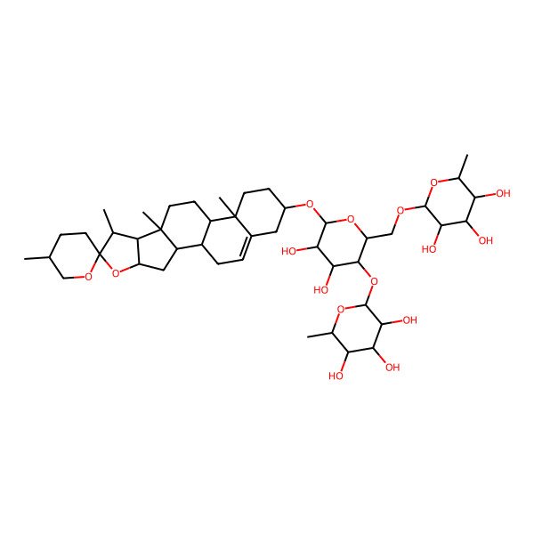 2D Structure of 2-[[4,5-Dihydroxy-6-(5',7,9,13-tetramethylspiro[5-oxapentacyclo[10.8.0.02,9.04,8.013,18]icos-18-ene-6,2'-oxane]-16-yl)oxy-3-(3,4,5-trihydroxy-6-methyloxan-2-yl)oxyoxan-2-yl]methoxy]-6-methyloxane-3,4,5-triol