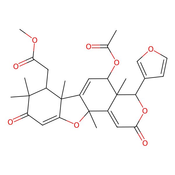 2D Structure of methyl 2-[5-acetyloxy-4-(furan-3-yl)-4a,6b,8,8,11a-pentamethyl-2,9-dioxo-5,7-dihydro-4H-[1]benzofuro[2,3-f]isochromen-7-yl]acetate