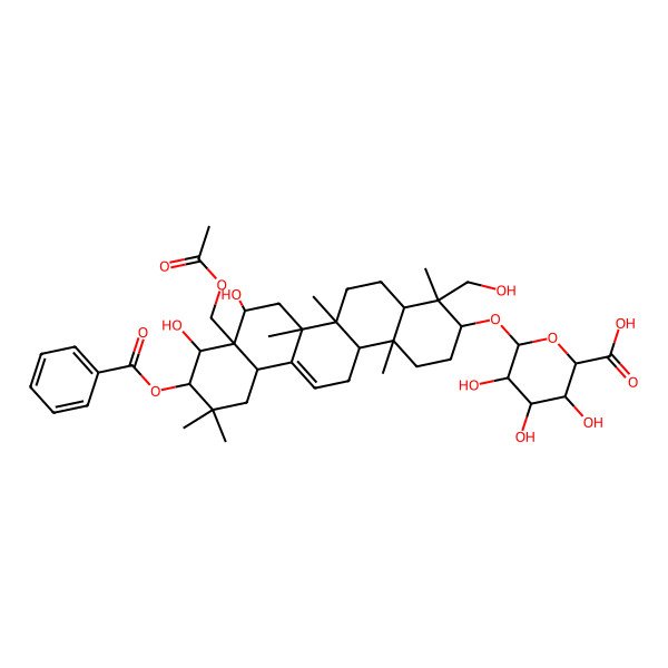 2D Structure of (2S,3S,4S,5R,6R)-6-[[(3S,4R,4aR,6aR,6bS,8S,8aR,9R,10R,12aS,14aR,14bR)-8a-(acetyloxymethyl)-10-benzoyloxy-8,9-dihydroxy-4-(hydroxymethyl)-4,6a,6b,11,11,14b-hexamethyl-1,2,3,4a,5,6,7,8,9,10,12,12a,14,14a-tetradecahydropicen-3-yl]oxy]-3,4,5-trihydroxyoxane-2-carboxylic acid