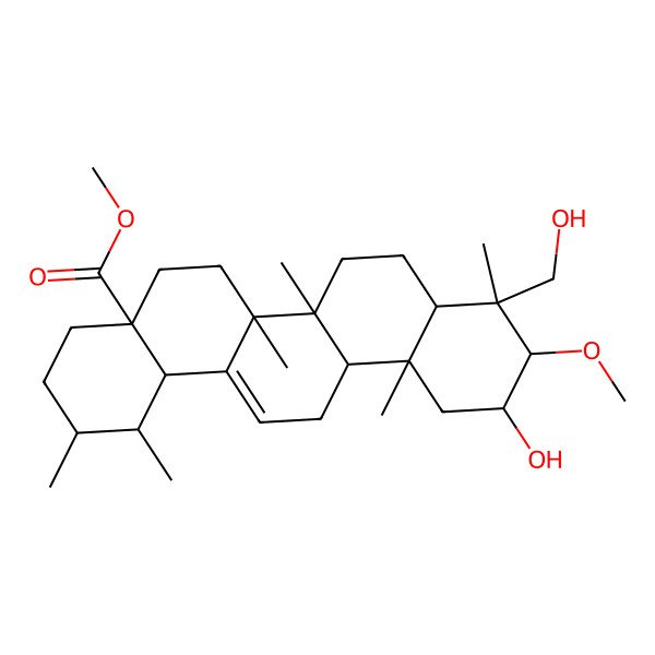2D Structure of methyl 11-hydroxy-9-(hydroxymethyl)-10-methoxy-1,2,6a,6b,9,12a-hexamethyl-2,3,4,5,6,6a,7,8,8a,10,11,12,13,14b-tetradecahydro-1H-picene-4a-carboxylate