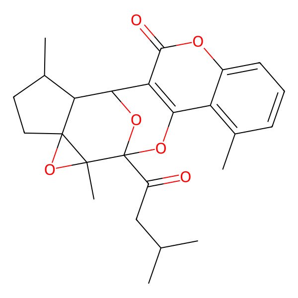 2D Structure of 9,14,19-Trimethyl-13-(3-methylbutanoyl)-4,12,15,21-tetraoxahexacyclo[11.7.1.02,11.05,10.014,16.016,20]henicosa-2(11),5,7,9-tetraen-3-one