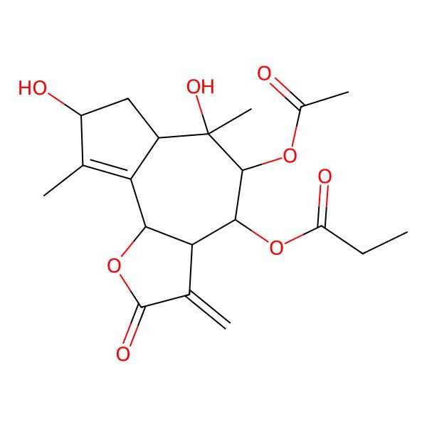 2D Structure of (5-acetyloxy-6,8-dihydroxy-6,9-dimethyl-3-methylidene-2-oxo-4,5,6a,7,8,9b-hexahydro-3aH-azuleno[4,5-b]furan-4-yl) propanoate