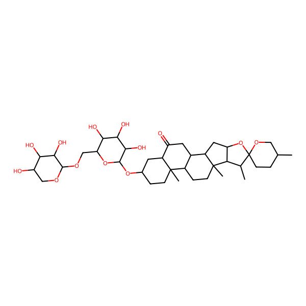 2D Structure of (1R,2S,4S,5'R,6R,7S,8R,9S,12S,13R,16S,18S)-5',7,9,13-tetramethyl-16-[(2S,3S,4R,5R,6S)-3,4,5-trihydroxy-6-[[(2R,3S,4R,5S)-3,4,5-trihydroxyoxan-2-yl]oxymethyl]oxan-2-yl]oxyspiro[5-oxapentacyclo[10.8.0.02,9.04,8.013,18]icosane-6,2'-oxane]-19-one