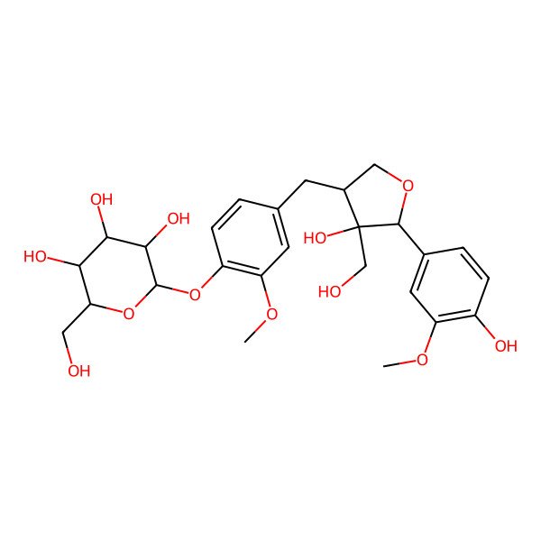 2D Structure of 2-[4-[[4-Hydroxy-5-(4-hydroxy-3-methoxyphenyl)-4-(hydroxymethyl)oxolan-3-yl]methyl]-2-methoxyphenoxy]-6-(hydroxymethyl)oxane-3,4,5-triol