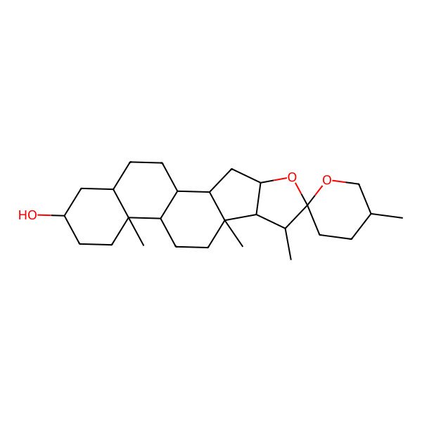 2D Structure of (1R,2R,4S,5'S,6R,7R,8S,9S,12R,13S,16S,18R)-5',7,9,13-tetramethylspiro[5-oxapentacyclo[10.8.0.02,9.04,8.013,18]icosane-6,2'-oxane]-16-ol