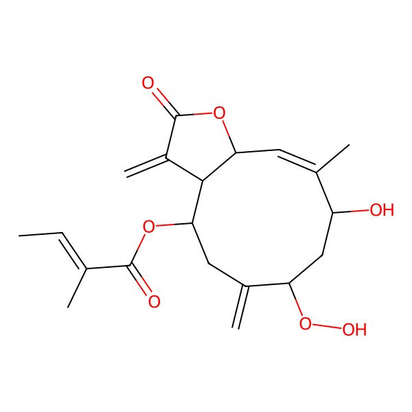 2D Structure of (7-hydroperoxy-9-hydroxy-10-methyl-3,6-dimethylidene-2-oxo-4,5,7,8,9,11a-hexahydro-3aH-cyclodeca[b]furan-4-yl) 2-methylbut-2-enoate