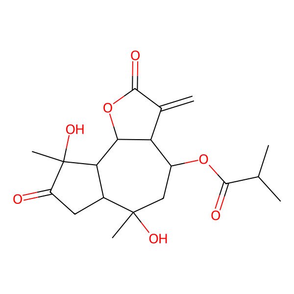 2D Structure of (6,9-dihydroxy-6,9-dimethyl-3-methylidene-2,8-dioxo-4,5,6a,7,9a,9b-hexahydro-3aH-azuleno[4,5-b]furan-4-yl) 2-methylpropanoate
