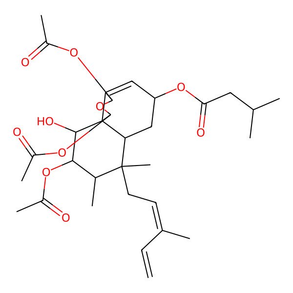 2D Structure of [(1S,3R,5R,6aS,7S,8S,9R,10R,10aS)-1,3,9-triacetyloxy-10-hydroxy-7,8-dimethyl-7-(3-methylpenta-2,4-dienyl)-1,3,5,6,6a,8,9,10-octahydrobenzo[d][2]benzofuran-5-yl] 3-methylbutanoate