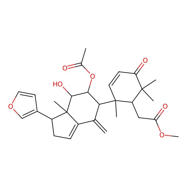 2D Structure of methyl 2-[(1R,2S)-2-[(1S,5R,6S,7R,7aS)-6-acetyloxy-1-(furan-3-yl)-7-hydroxy-7a-methyl-4-methylidene-2,5,6,7-tetrahydro-1H-inden-5-yl]-2,6,6-trimethyl-5-oxocyclohex-3-en-1-yl]acetate